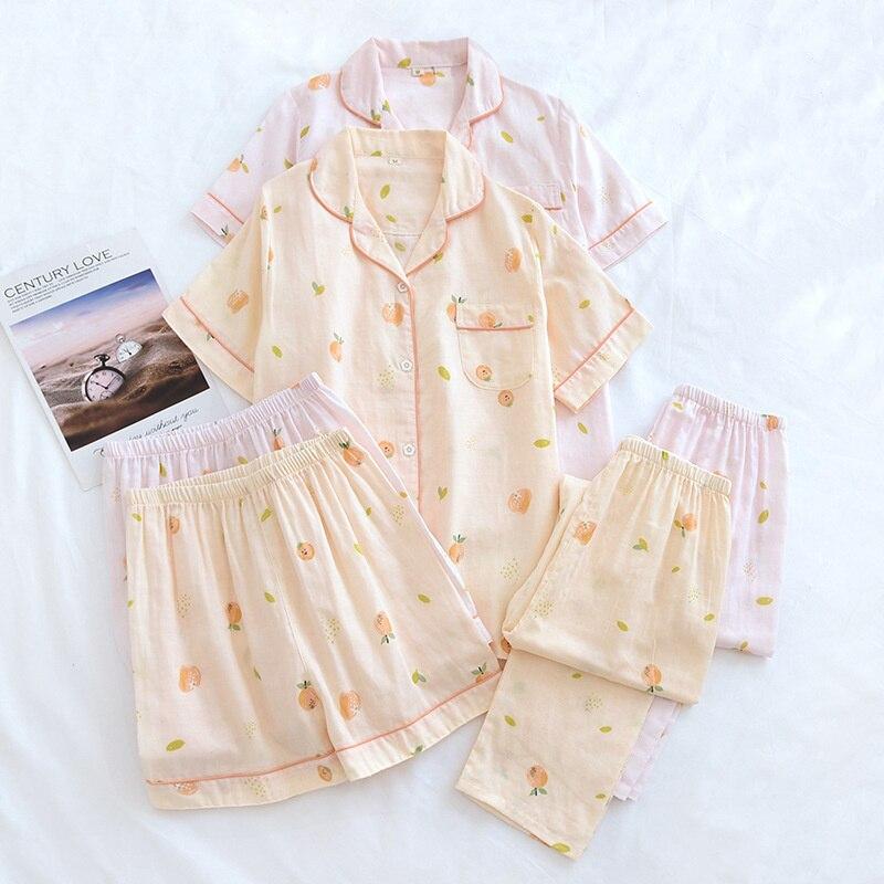 Cotton Pajamas Women's 3 Pcs Set Printed Fashion Pure Cotton Double-layer Gauze Shorts/Long Pants Sleepwear