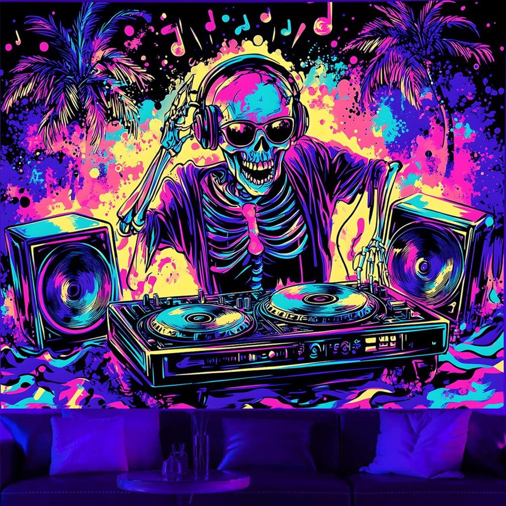 TUGCAY Blacklight Skull Tapestry UV Reactive Skeleton Tapestry Funny Music Tapestries Wall Hanging for Bedroom Dorm Party Decor (51.2 x 59.1 inches)