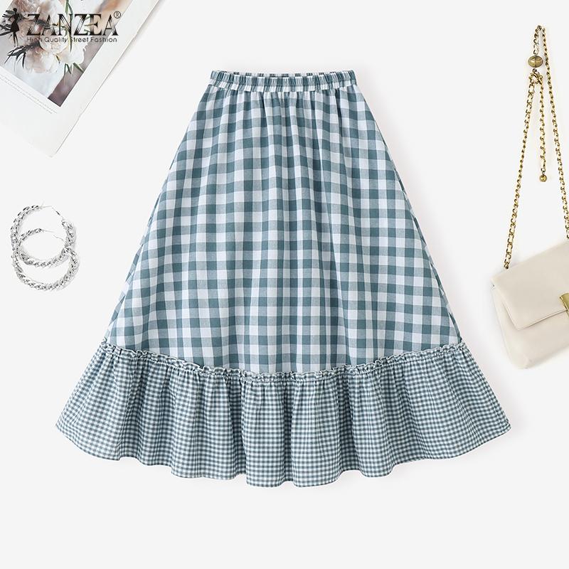 ZANZEA Женская повседневная юбка свободного покроя с эластичной резинкой на талии и оборками в клетку