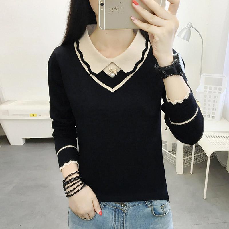 Женские свитера, пуловеры 2025 Осень Зима Длинный рукав Отложной воротник Белый Черный Вязаный свитер Женские топы Пуловер JJ77