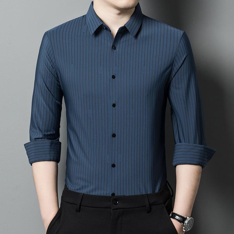 Spring and Autumn New Style Middle-aged Striped No-iron Shirt Men's Long-sleeved Thin Ice Silk Nylon Seamless Shirt Men's Clothing