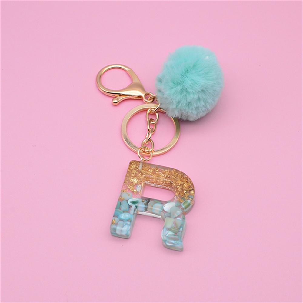 Подвеска-ключ с 26 инициалами и зеленым пушистым помпоном, модная сумка для девочек, блестящий градиентный полимерный брелок с алфавитом, подвески
