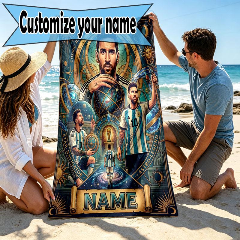Custom Name Personalized Leo Messi Print Beach Towel, for Trip Camping Beach Party Home Decor, Birthday Gift for Family & Friends