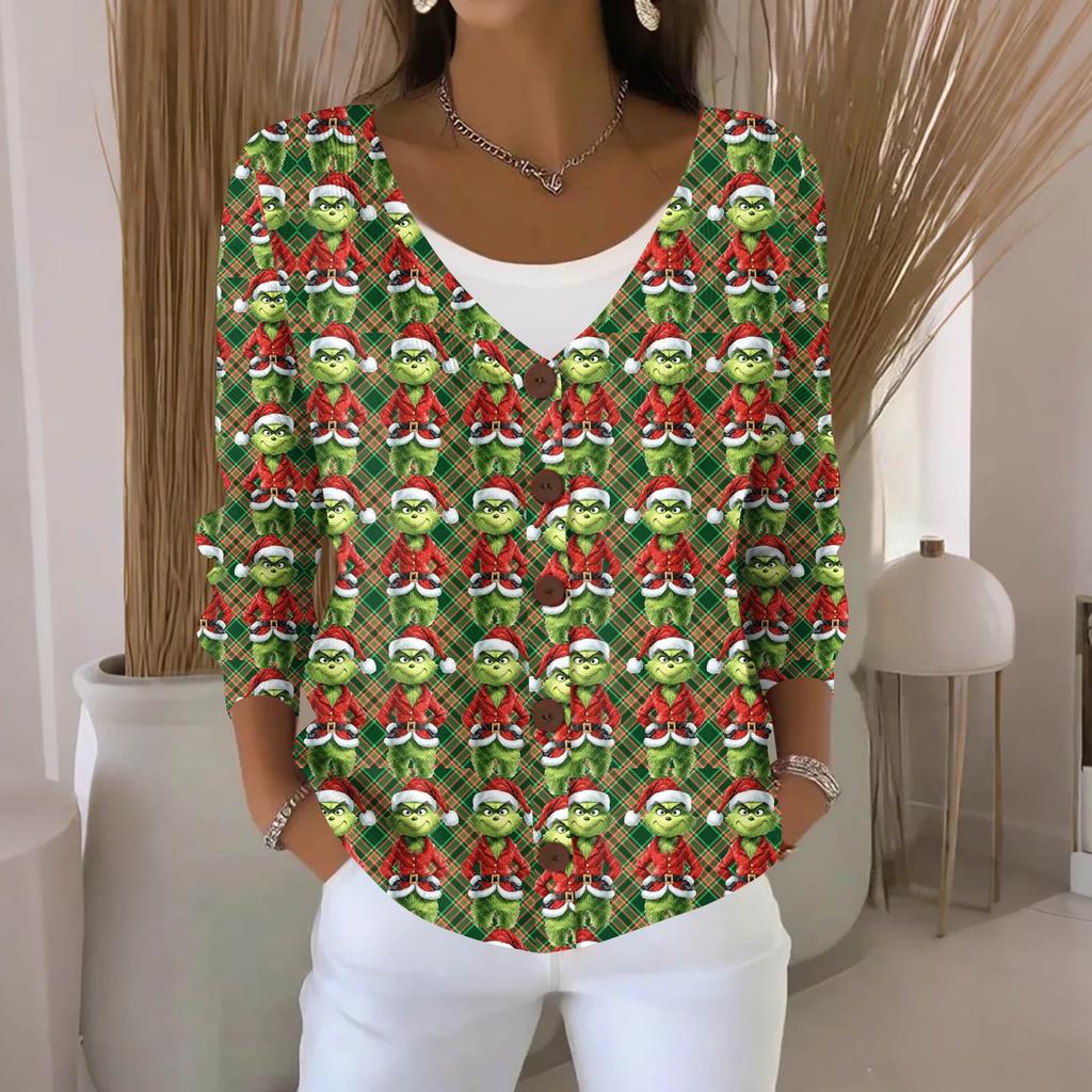 Women's Fashion Casual Knit Sweater Button-Up Christmas Print Cardigan Jacket
