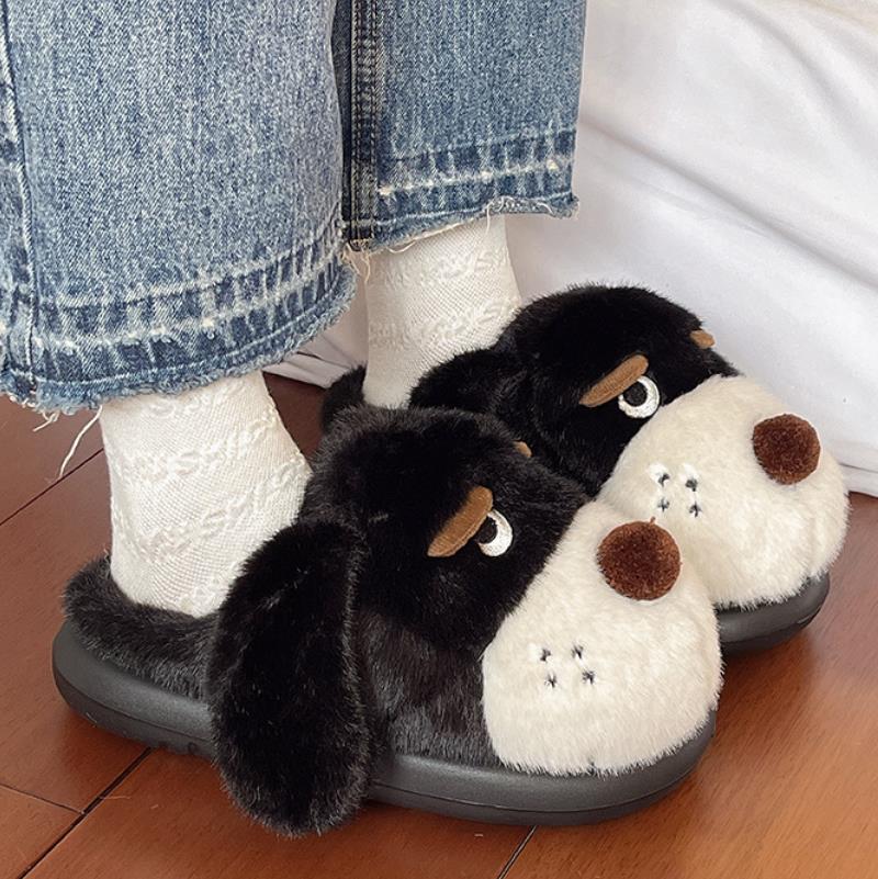 Модные домашние пушистые тапочки для женщин, зимняя обувь на платформе, милые мультяшные собаки, теплые плюшевые нескользящие хлопковые шлепанцы для девочек для дома