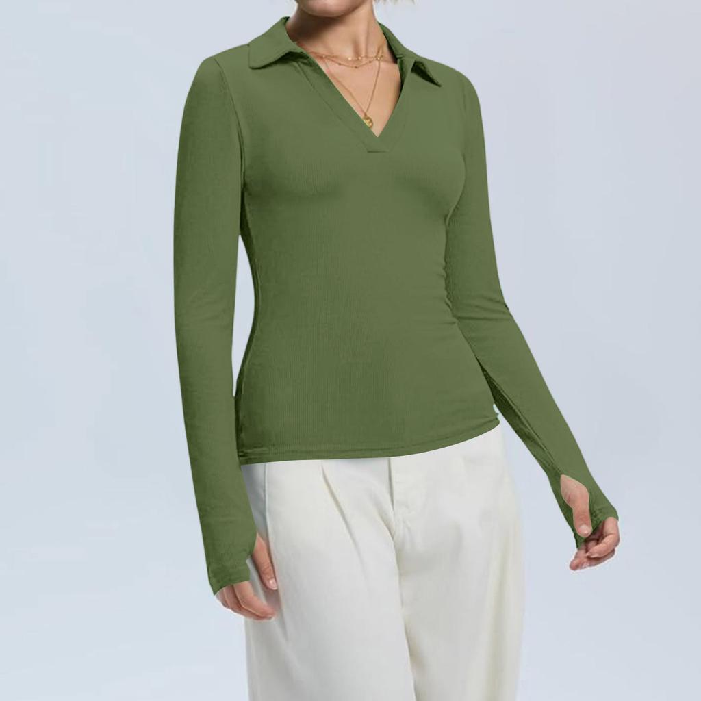 Женская мода Повседневный однотонный топ с V-образным вырезом и длинным рукавом на пуговицах