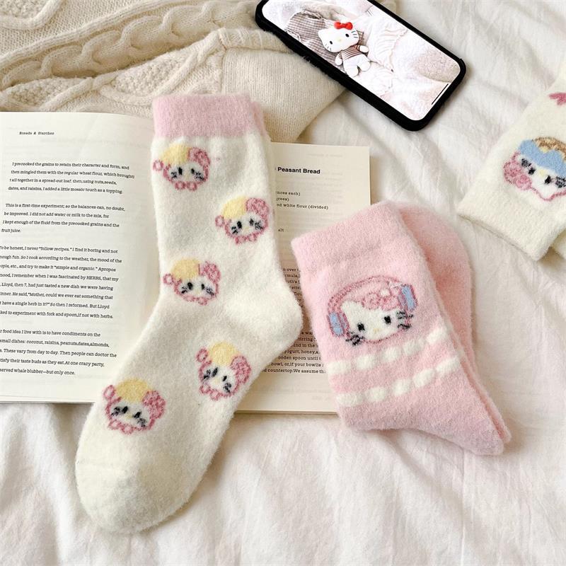 1/4/6 пар милых носков Hello Kitty Осень Зима Утолщенные Теплые Носки Женские Носки до середины икры Девочки Студенты Домашние Носки для Сна Подарок