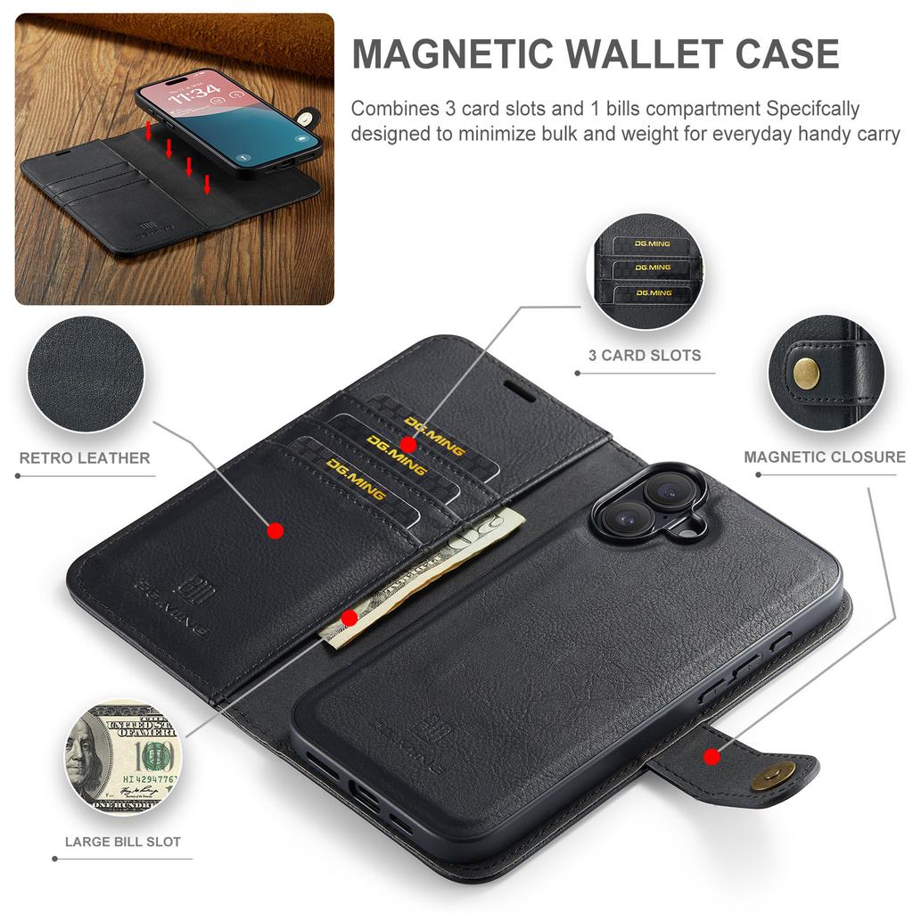 DG.MING для iPhone 16 Plus Чехол-книжка из разделенной кожи, съемный
