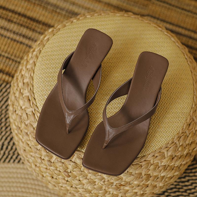 2025 Summer New French Square Head Kitten Heel Pinch Sandals Large Size High Heel Flip-flops Women's Fashion Outer Wear