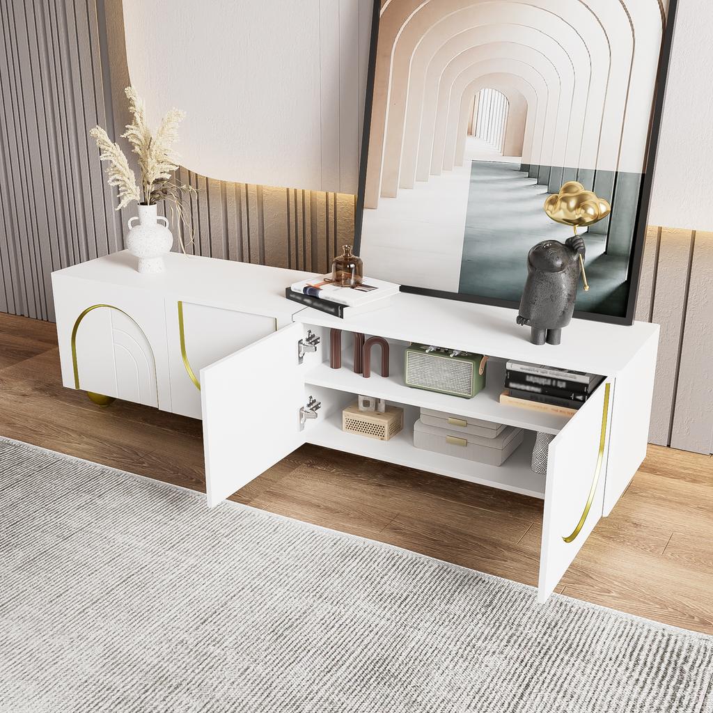 TV Cabinet, Lowboard with Structured Doors, TV Furniture with Drawers, Open Compartments, Golden Handles and Golden Feet.[OLD SKU: WF530901902WAA]