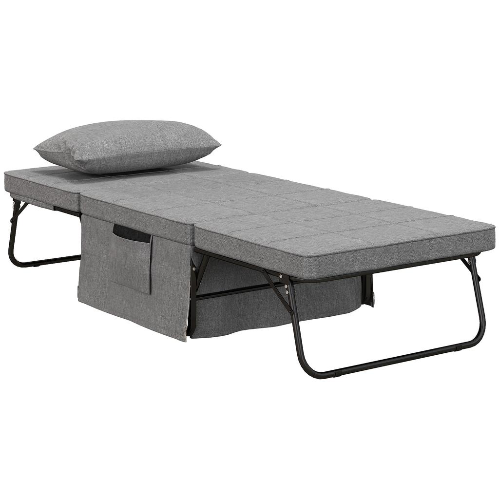 4-in-1 Folding Bed, Guest Bed, Height-Adjustable, Mattress, Side Pockets, Metal Frame, Gray, 188 x 75 x 38 cm