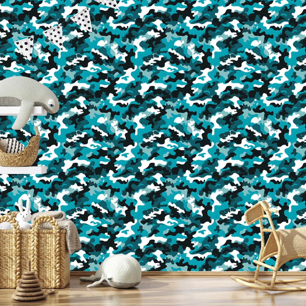 Turquoise and white military camouflage wallpaper for living room and bedroom 50x1000