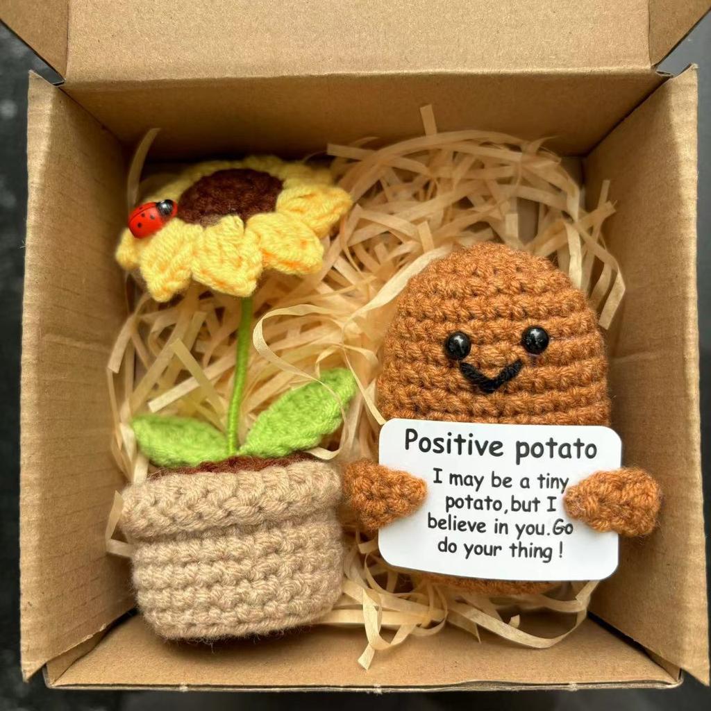 2Pcs Positive Energy Cucumber with Sunflower Pot Kit Home Room Decor Funny Handmade Knitted Potatoes Wool Doll Christmas Gifts