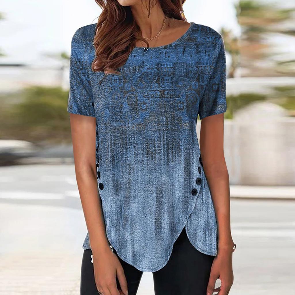Женская туника с коротким рукавом Свободные топы Повседневные топы больших размеров Плиссированная туника на пуговицах Повседневные летние футболки Женские топы Нарядные рубашки