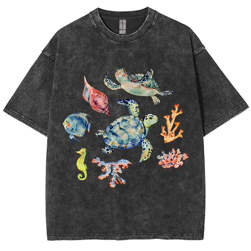 Turtle Seahorse Print Vintage Distressed T-Shirt Unisex Loose Short Sleeve Oversized Cotton Crew Neck Top Pullover