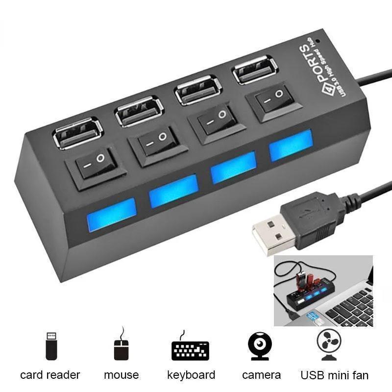 4 Ports USB HUB 2.0 Adapter Expander Multi USB Splitter Multiple Extender with LED Lamp Switch for PC Laptop