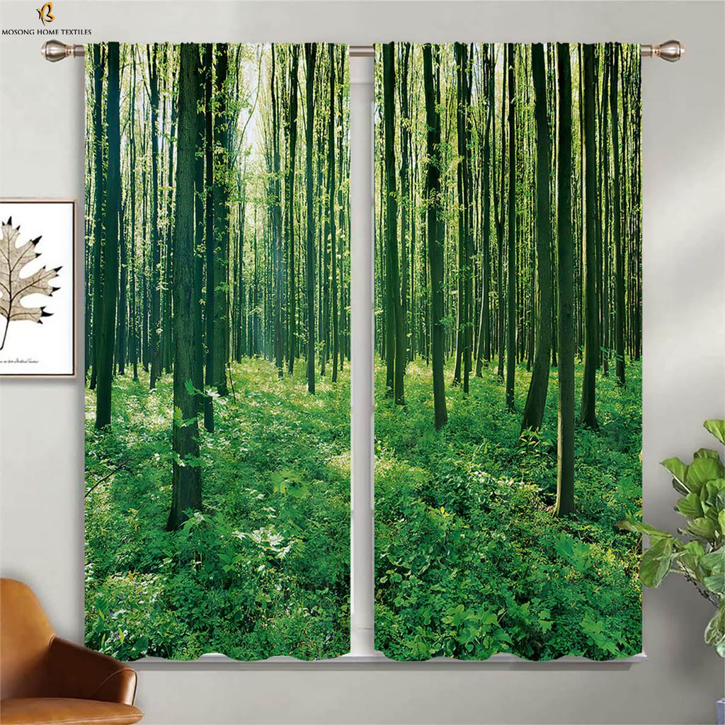 Шторы Misty Deep Forest Green Woods с 3D-печатью, подходящие для спальни, гостиной, кухни, декоративные шторы, 2 шт.