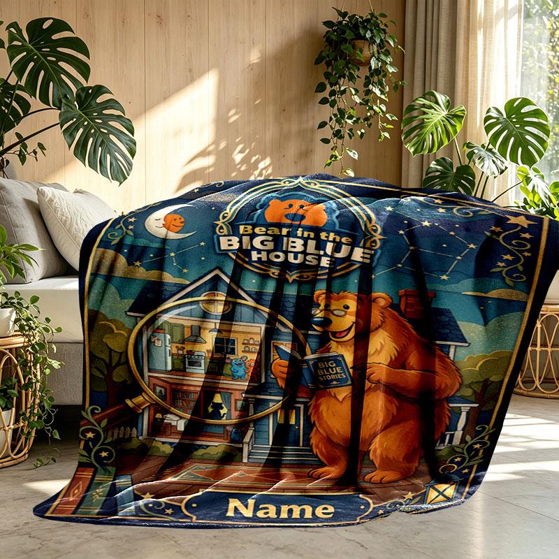 Custom Name Personalized Bear in the Big Blue House Print Blanket, Home Decor, Bedroom, Sofa, Camping, Couch, Gifts for Birthday Christmas