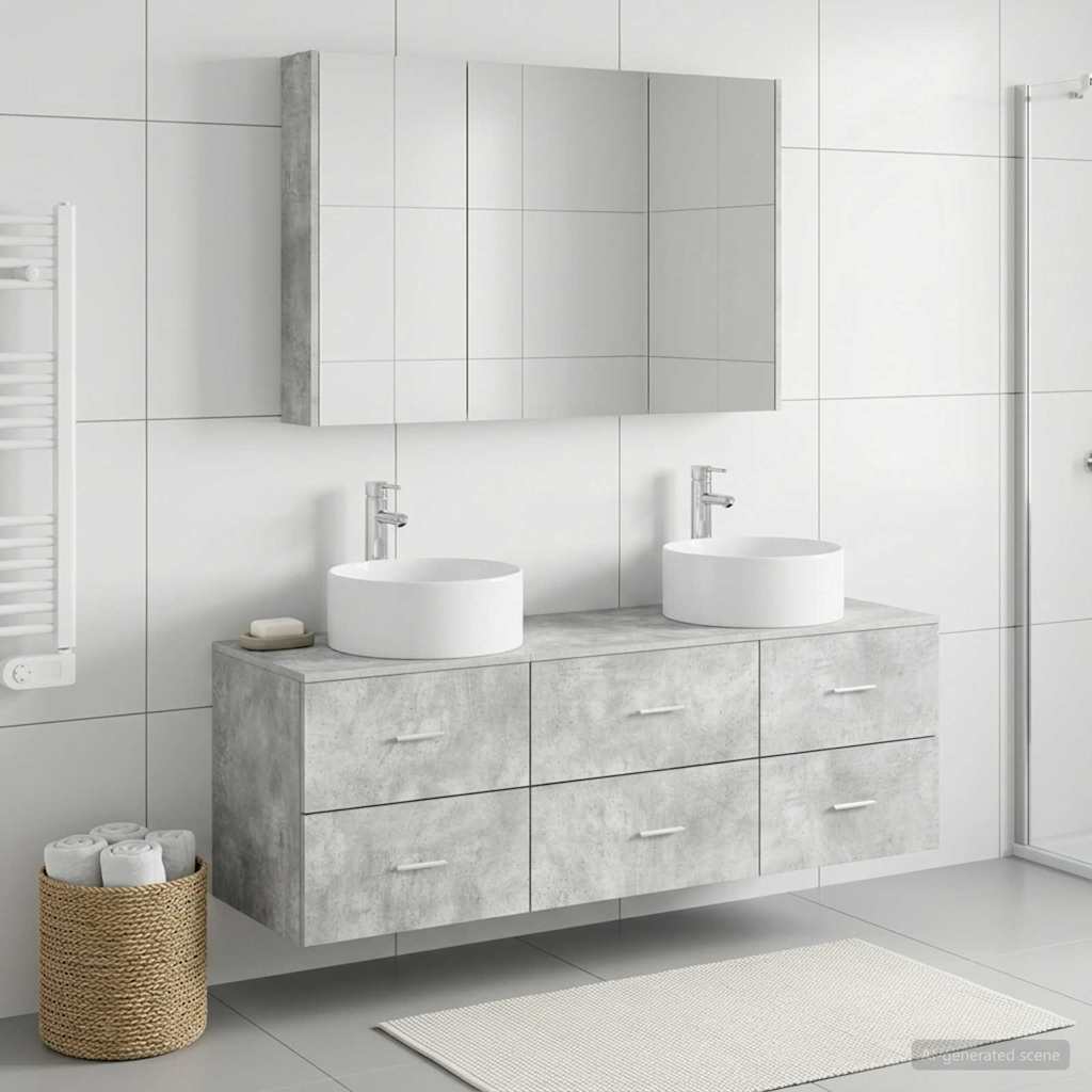 Bathroom Furniture Set 4 pcs Concrete Grey Engineered Wood and Glass