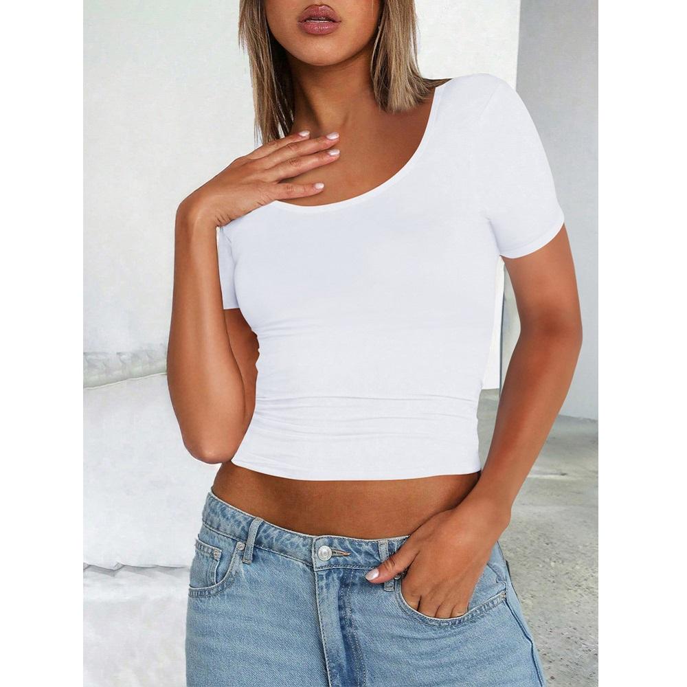 Женский летний короткий топ-футболка с круглым вырезом и короткими рукавами, облегающие футболки, повседневные кроп-топы