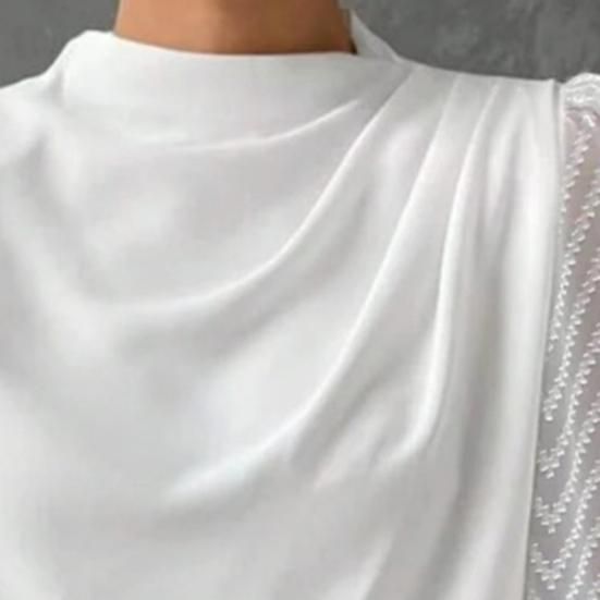 Women Casual Shirt Half High Collar Wave Pattern Chiffon Long Sleeve Pullover Tops Solid Color Loose Fit Blouse Office Elegant Clothing