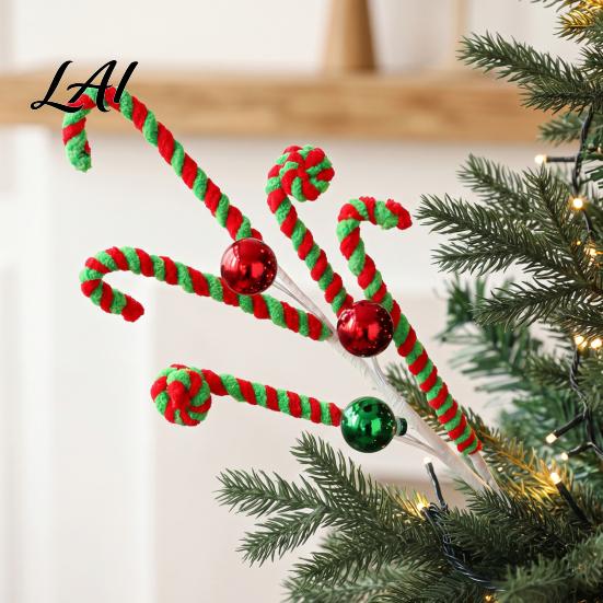 Xmas Vase Filler Christmas Candy Cane Pick Red White Green Plush Stem Decor Branch for Filler Wreath Tree Decoration Holiday Party Decorations