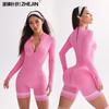 Womens High-Elasticity Round-Neck Zipper Long Sleeve Jumpsuit Short Pants Collegiate Style Yoga Bodysuit