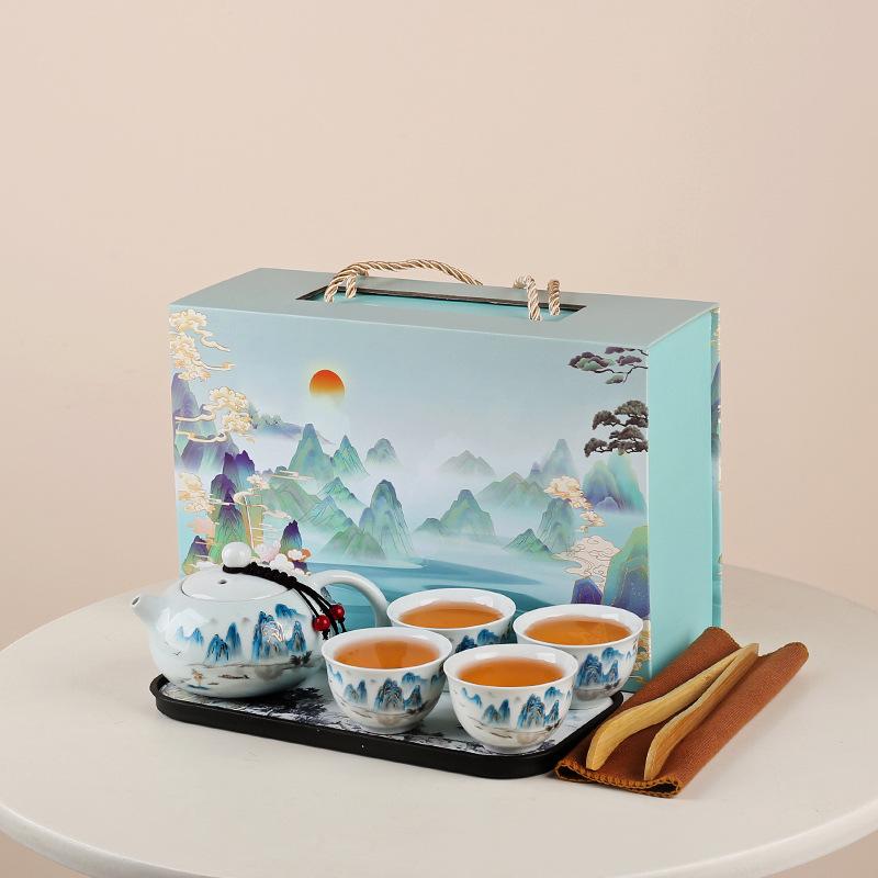 Portable ceramic express cup, one pot of four cups travel tea set, Guochao landscape gift box, business souvenir