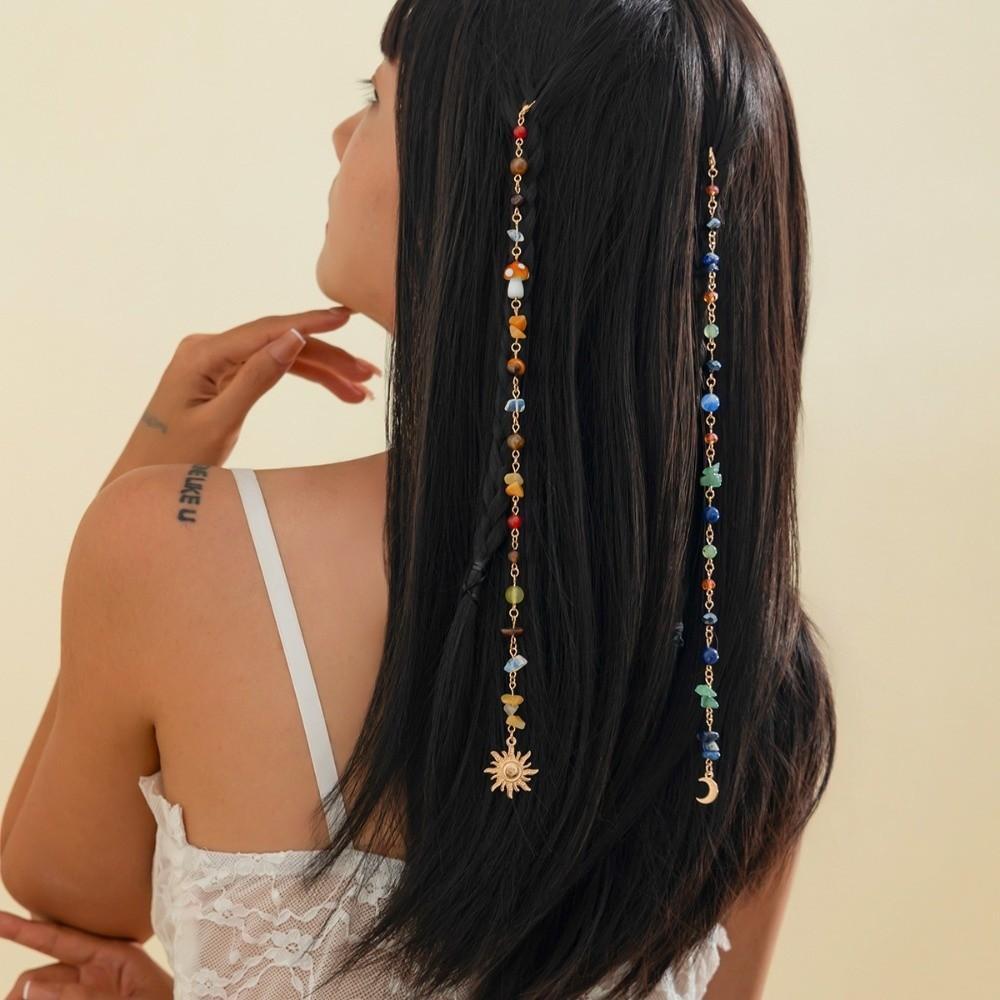 2Pcs Bohemian Long Tassel Chain Headdress Dirty Braids Headwear Exquisite Sun Moon Pendant Charm Adjustable