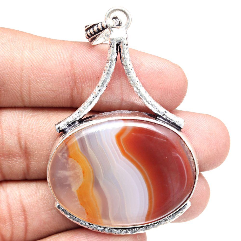 Pendant Banded Agate Gemstone Gift For Her Silver Jewelry 2.5"