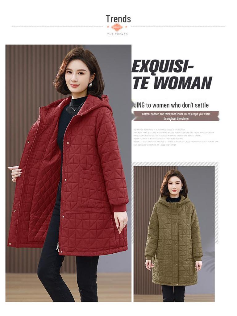 Women's Mid-Length Quilted Hooded Cotton Coat, 2024 Winter Plus Size Slimming Jacket for Middle-Aged Moms