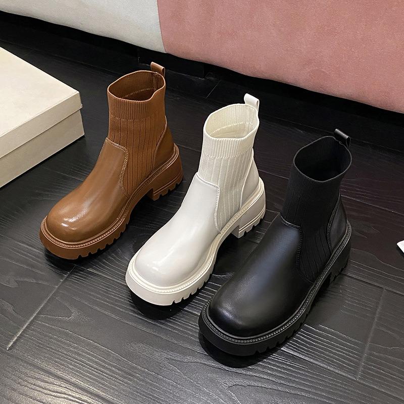 Ботильоны-носки женские осенне-зимние новые на толстой подошве-маффине, вязаные вставки большого размера, тонкие ботинки, модные ботинки женские