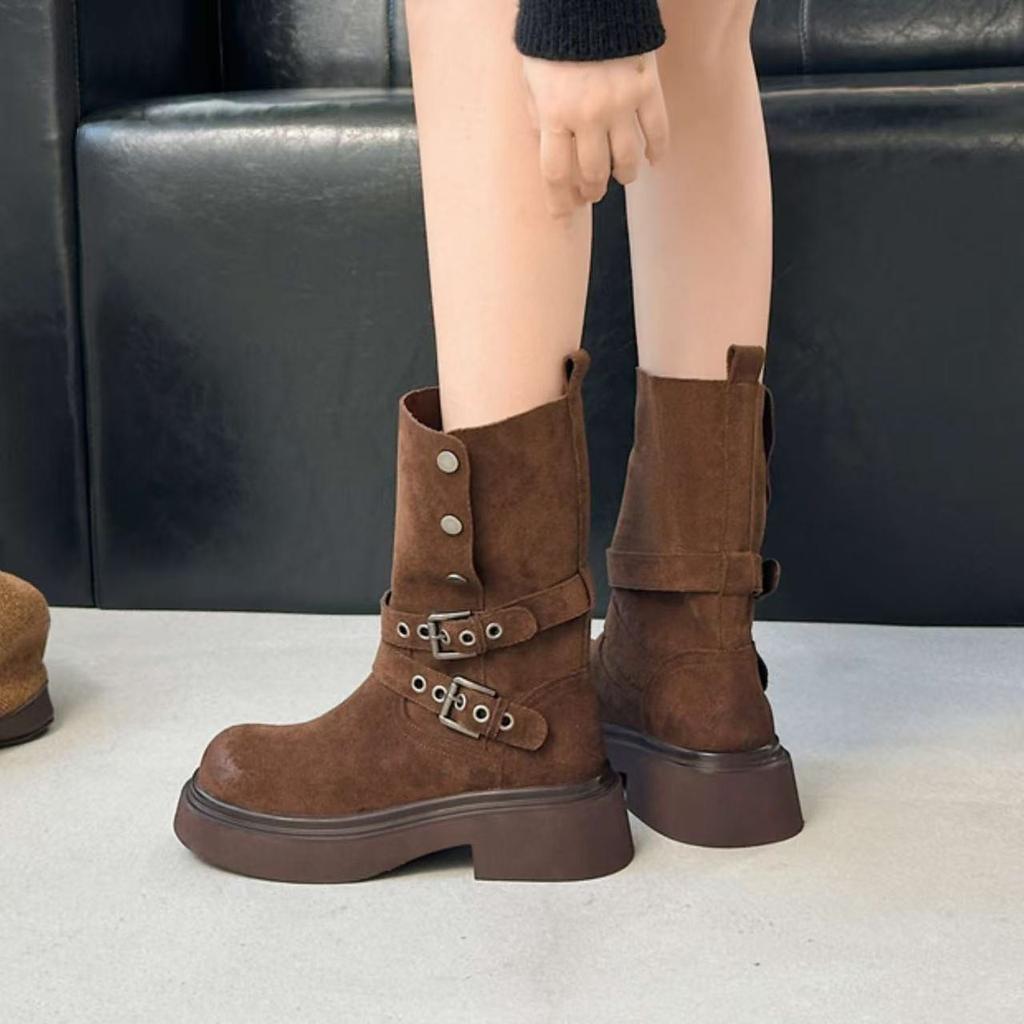 Vintage Western Cowboy Boots Wasteland Wind Grey Straight Thick Heel Fashion Boots Medium High Martin Boots Women