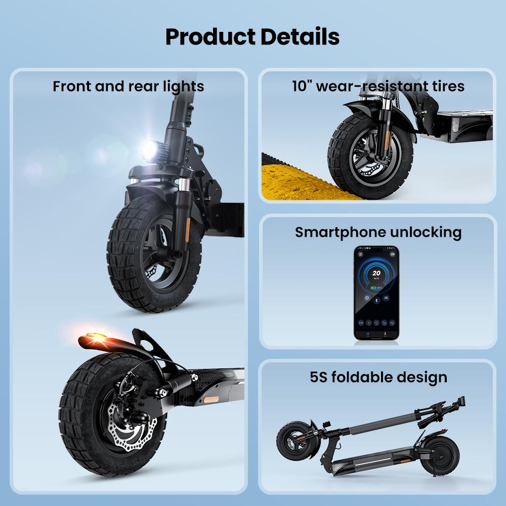 iScooter W9 Electric Scooter 1000W Motor, 48V 14Ah Battery, 10" Tire,  35-45KM Range E-Scooter