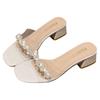 Fairy style pearl word with transparent crystal high heels female summer wear 2025 new French thick heel cool slippers