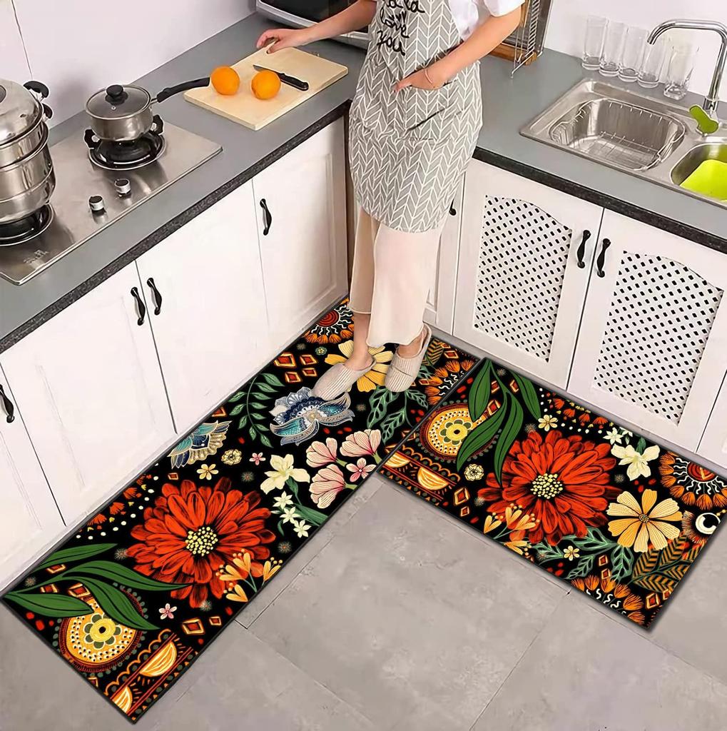 2pc Summer Flower Carpet Set Home Decoration, Anti-Slip, Stain-Resistant And Washable Floor Mat, Bathroom Indoor Rug