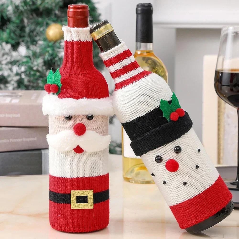 Christmas Cute Wine Bottle Cover Cartoon Santa Snowman Woven Wine Bottle Bags for Christmas Party Dinner Table Decorations