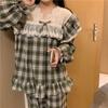 Korean Autumn/Winter Flannel Plaid Couple Pajamas with Lace V-Neck Long Sleeves