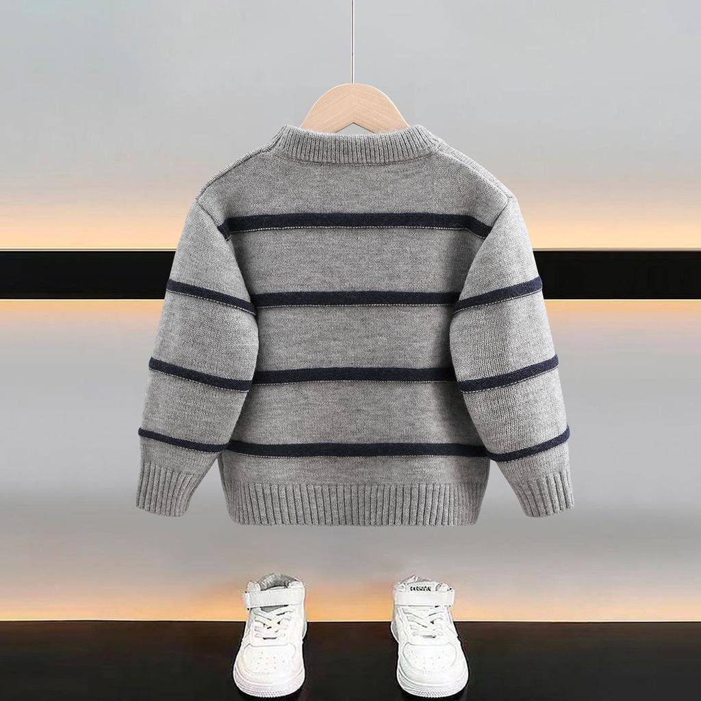 Boys' Striped Wool Crew Neck Sweater - Thick, Warm & Stylish for Autumn/Winter