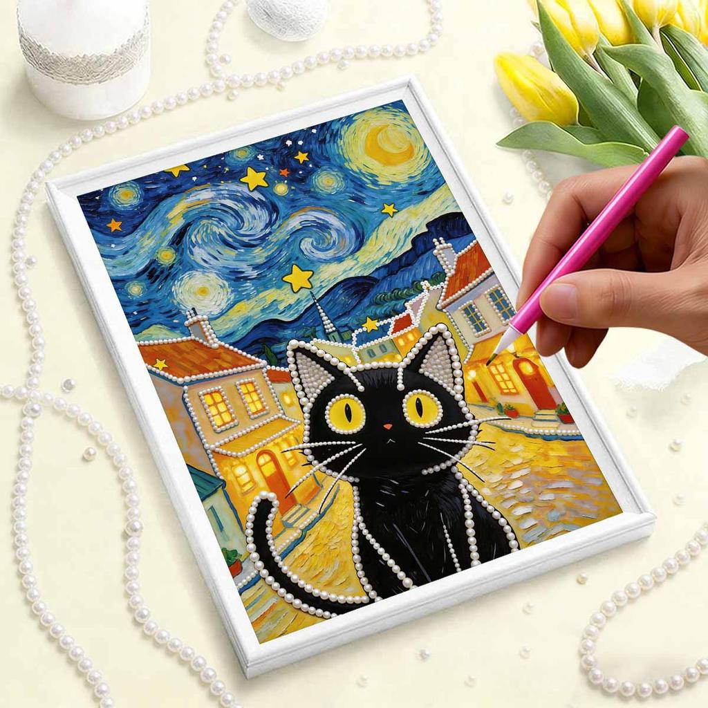 DIY Картина жемчугом «Звездная ночь» с кошкой для взрослых/новичков Подарок Декор для дома Жемчужные картины Картины Искусство и ремесла 30x40 см Без рамы
