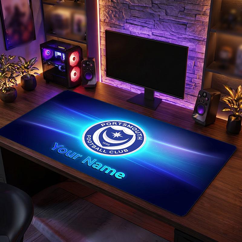 Portsmouth FC Custom Large Mouse Pad, Personalized Name Text Print, Football Logo Non‑Slip Desk Mat Gaming Gift