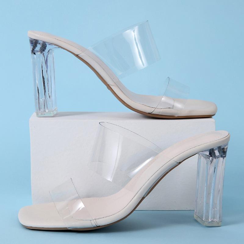 Fashion 2024 Summer New Square Headed Open Toe Transparent Sexy and Comfortable External Wearing Slippers Versatile High Heels