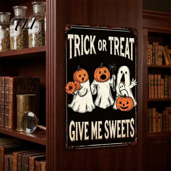 Durable Metal Hanging Sign Retro Halloween Wall Sign, Pumpkin Ghost Bathroom Witch Skeleton Art Cat Festival for Bar Home Room Decor Party Ornaments