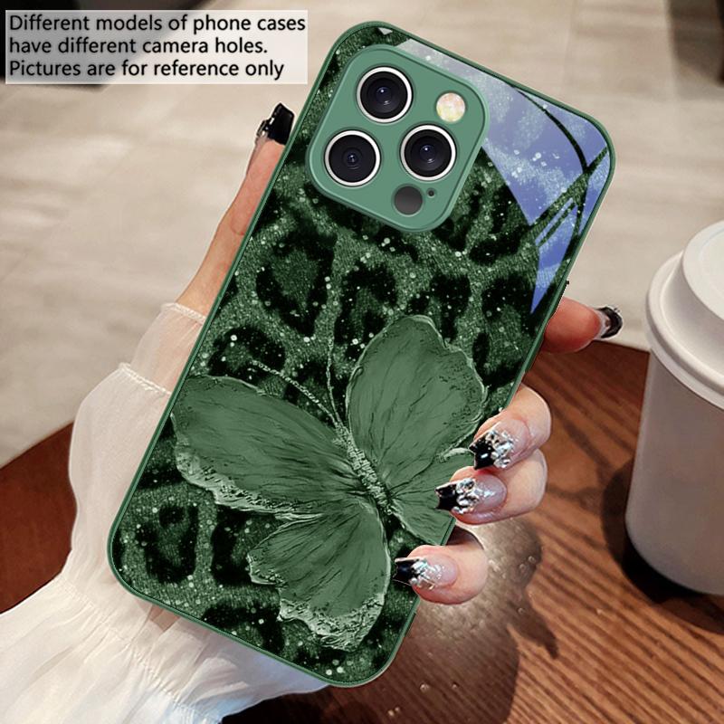Леопардовая фиолетовая бабочка для IPhone 16 Pro Max 15 Pro 14 13 12 Mini 11 XS Max XR 7 8 Plus SE 2022 Закаленное стекло Чехол для телефона