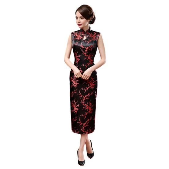Women Summer Cheongsam Stand Collar Floral Print Hollow Out Split Hem Sleeveless Qipao Slim Fit Retro Chinese Style
