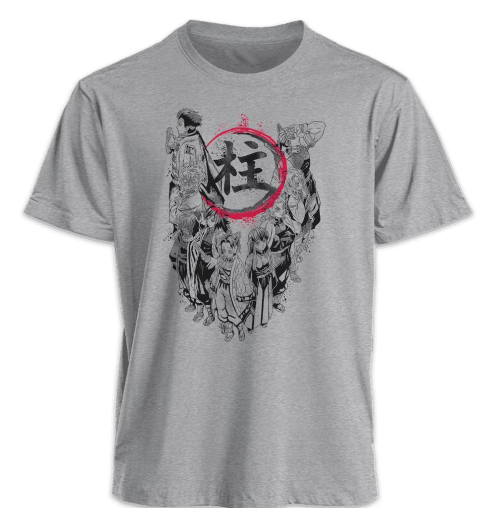 White Short Sleeve T Shirt Demon Slayer Hashira Group Print with Red Circle and Black Kanji Ink Splash Effect Cotton Anime Top