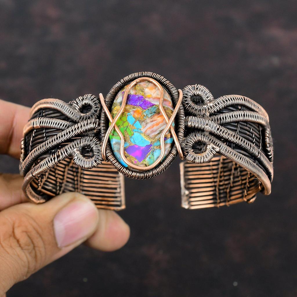 Мультимедный бирюзовый браслет, браслет-манжета из медной проволоки, браслет-манжета из настоящего драгоценного камня, регулируемый браслет-манжета, ювелирное изделие ручной работы, подарок для нее