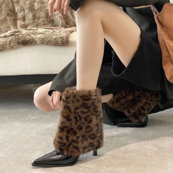 Women's 2025 Autumn/Winter Leopard Print High Heel Ankle Boots with Rabbit Fur