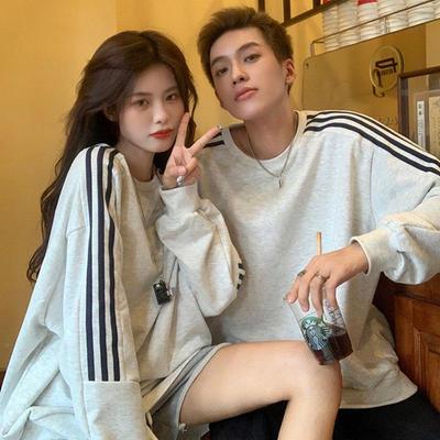 Женский свитшот с тремя полосками: Весна/Осень Корейский стиль, Свободный крой, Круглый вырез, Топ средней длины для пар