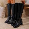 Large-sized, Thick-heeled, High-top, Shiny Knight Boots, Women's Shoes, Square-toed, Elegant Long Boots